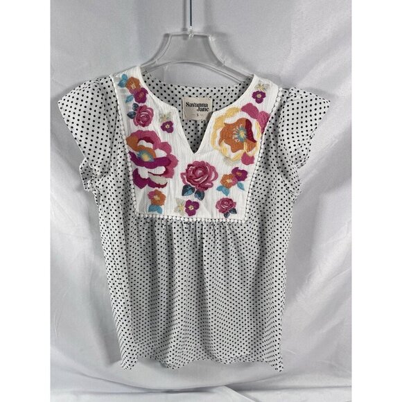 Savanna Jane Cap Sleeve V Neck Embroidered Floral Polka Dot Blouse Womens Size S - Picture 1 of 5